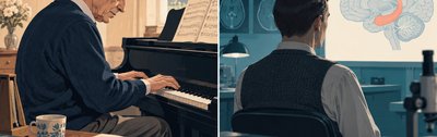 A person playing piano (procedural memory) and a person viewing a brain diagram (hippocampus)
