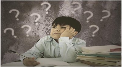 Child surrounded by question marks, representing curiosity and questioning