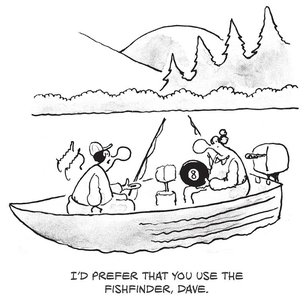 Cartoon of two people fishing, one using a magic 8-ball instead of a fishfinder