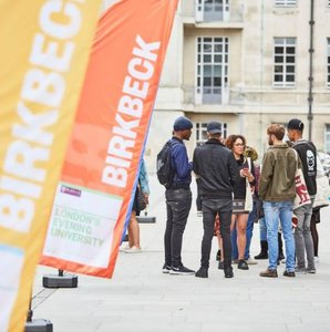 Students at Birkbeck campus with banners