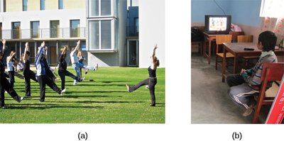 (a) Yoga students learning by observing an instructor (live model); (b) Child learning by watching television (symbolic model)