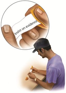 Person opening a fortune cookie with 'Insist on evidence'