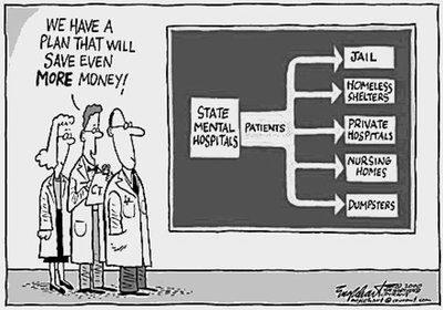 Cartoon illustrating deinstitutionalization outcomes