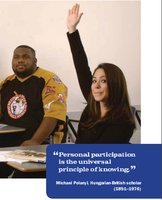 Student raising hand, quote about participation