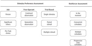 Table comparing stimulus preference and reinforcer assessment methods