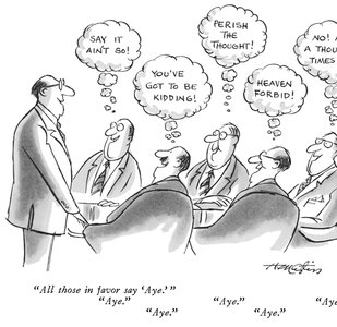 Cartoon of groupthink in a meeting