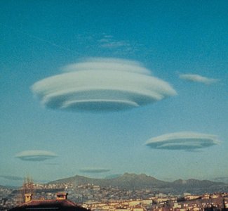 Lenticular clouds mistaken for UFOs, illustrating perceptual illusions