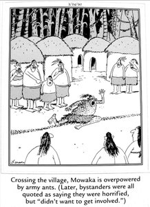 Cartoon of bystanders not helping a person attacked by ants