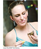 A person holding a lemon and an oyster, possibly illustrating taste aversion or classical conditioning with food stimuli