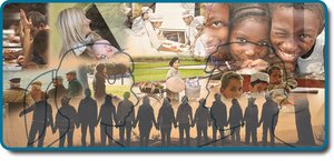 Collage of human activities and interactions representing psychology