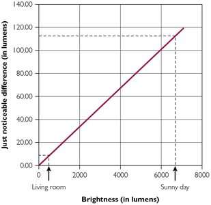 Graph of Weber's Law: Just Noticeable Difference vs. Brightness