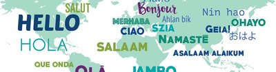 World map with greetings in different languages