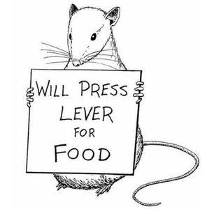 Rat with sign 'Will press lever for food', illustrating operant conditioning