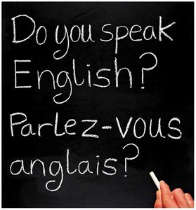 Chalkboard with English and French writing