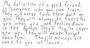 Handwritten definition of a good friend, emphasizing trust, support, and loyalty