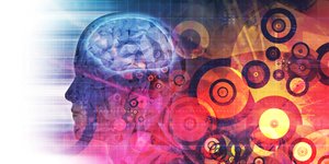 Abstract image of a human head and brain with gears and circles, representing psychological science and mental processes