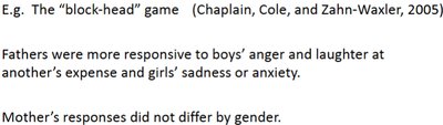 Text excerpt describing the block-head game and parental responses to children's emotions
