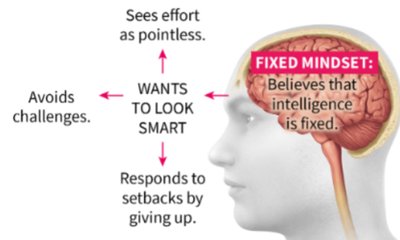 Diagram of fixed mindset: avoids challenges, gives up easily, sees effort as pointless