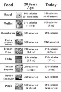 Table comparing food portion sizes 20 years ago and today