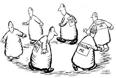 Cartoon of people with 'Follow Me' signs, illustrating conformity