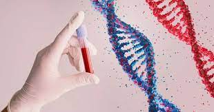 Hand holding blood sample with DNA strands in background