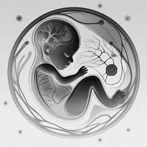 Illustration of a fetus in the womb, showing prenatal development