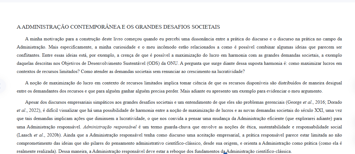 Página de introdução sobre administração contemporânea e desafios societais