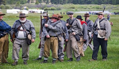 Civil War reenactment with people dressed as Confederate soldiers