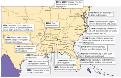 Map of main events of the Civil Rights Movement