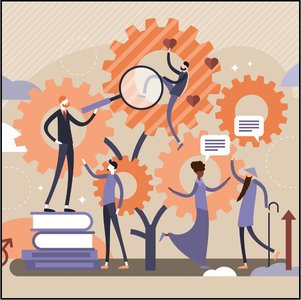 Illustration of sociologists analyzing society with gears and magnifying glass