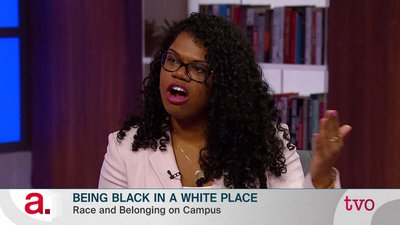 TV interview about being Black in a white place, discussing race and belonging on campus