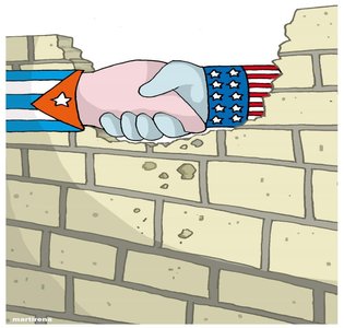 Cartoon of U.S.-Cuba relations handshake through a wall
