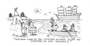 Cartoon about European settlers and Native Americans