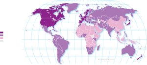 Map showing services as a major contributor to GDP in developed countries