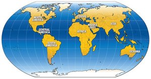 World map showing continents and regions