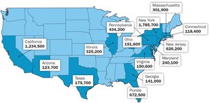 Map of Jewish population distribution in the United States, 2022