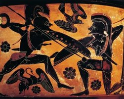 Ancient Greek warriors in combat, illustrating martial values and elite competition