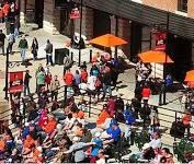 People interacting in a public urban space