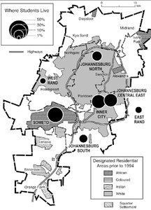 Map of Johannesburg showing apartheid-era residential segregation