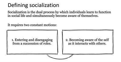 Diagram showing the two motions of socialization: entering/disengaging roles and self-awareness.