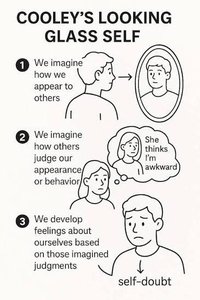 Illustration of Cooley's looking-glass self: imagining appearance, judgment, and self-doubt.