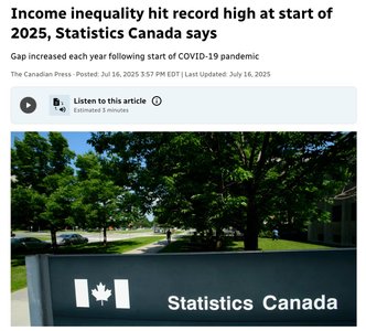 News headline: Income inequality hit record high at start of 2025, Statistics Canada says