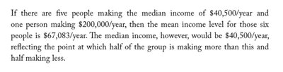 Text example explaining mean vs. median income