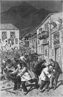Engraving of the Denver Riot of 1880, showing violence against Chinese immigrants
