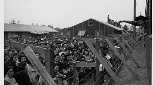Japanese Americans behind barbed wire in an internment camp