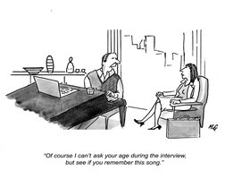 Cartoon illustrating age discrimination in a job interview