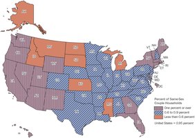 Map showing same-sex couple households as a percentage of all households by state in the United States