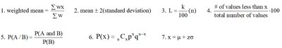 Weighted mean, mean, standard deviation, percentiles, probability formulas