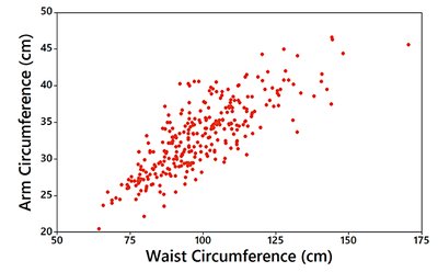 Scatterplot showing correlation between waist and arm circumference