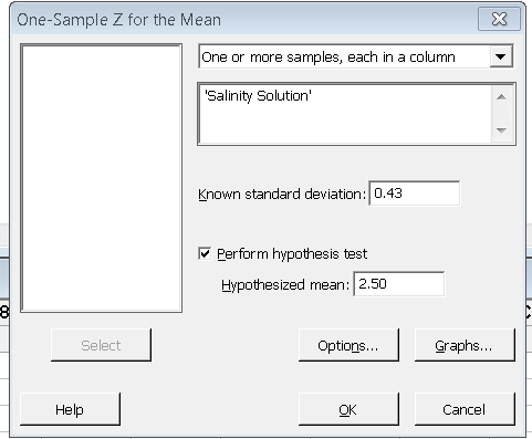 Minitab one-sample z-test input for salinity